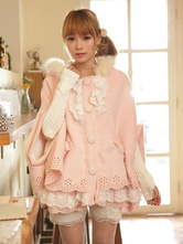 Sweet Lolita Cloak Pink Lace Hooded Faux Fur Bow Half-Sleeve Lolita Cape