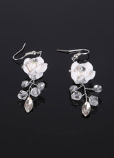 White Wedding Earrings Rhinestones Flower Drop Bridal Earrings