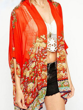 Boho Cover Up Chiffon Red Floral Printed 3/4 Length Sleeve Beach