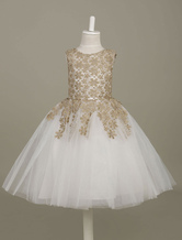 Flower Girl Dress Lace Light Gold Tutu Dress Sleeveless A Line Knee Length Toddler's Pageant Dress