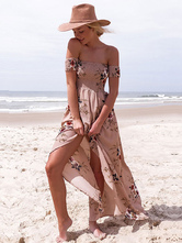 Maxikleid Rosa Sommerkleider lang mit Print Kurzarm Damenmode und Carmenausschnitt Chiffon und rückenfreiem Design und Schlitz an der Front