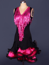 Latin Dance Costume bicolore V cou volants sans manches robe Costume de danse avec pompons Sequin Déguisements Halloween