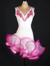 Dance Costumes Latin Dancer Dresses White Sleeveless Flowers Beaded Ruffle Asymmetrical Dancing Clothing Hallloween