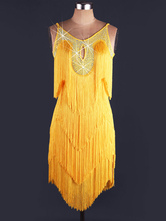Costume de danse danse latine Costume jaune sans manches perles robe féminine avec des glands Déguisements Halloween