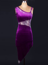 Danse latine Costume velours Purple une épaule strass Design asymétrique robe de danse latine Bodycon Déguisements Halloween