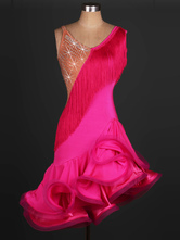 Rose Latin Dance Costume Frange Une Epaul Nue Performance Robe Pour Femmes Déguisements Halloween