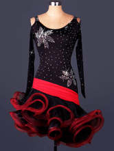 Latin Dance Costume rouge manches longues perles volants robe danse latine Costumes Déguisements Halloween