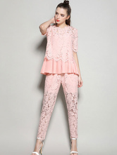Tailleur di pizzo pieghettature monocolore top pantaloni 2-Pezzi -  Milanoo.com