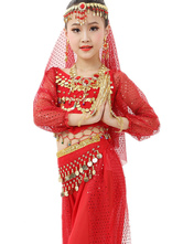Belly Dance Costume Kids Red Chiffon Long Sleeve Indian Bollywood Dancing Costumes