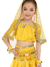 Belly Dance Costume Kids Yellow Chiffon Bollywood Indian Dancing Costumes
