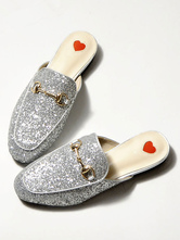 Womens Silver Loafer Mules Sequined Round Toe Slip On Flat Mules