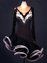 Dance Costumes Latin Dancer Dresses Long Sleeve Rhinestones Beaded Asymmetrical Ballroom Dancing Clothing Hallloween