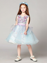 Flower Girl Dresses Organza Applique Tutu Dress V Neck Pastel Blue Sash ...
