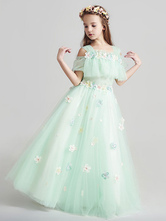 Flower Girl Dresses Applique Tulle Floor Length Cold Shoulder Pastel Green Kids Pageant Dresses