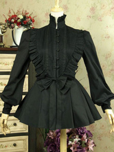 Blusa de Lolita Festa de Chá com gola alta com franzido gótica com mangas compridas de 100% algodão cor sólida top tops preta 