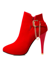 Red Ankle Boots Women's High Heel Pointed Toe Stiletto Booties With Metal Detail