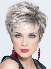 Parrucca di capelli veri donna grigio chiara corti & fanciulleschi stratificata da 8 pollici 