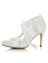 Zapatos de novia de encaje 8.5cm Zapatos de Fiesta Zapatos blanco de tacón de stiletto Zapatos de boda de puntera puntiaguada con lazo