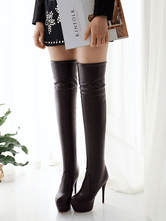 Бедро высокие сапоги Высокий каблук Черная платформа Slip на более колен сапоги для женщин