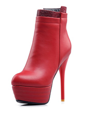 High Heel Booties Platform Red Rhinestones Zip Up Ankle Boots For Women