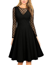 Black Vintage Dress Round Neck Long Sleeve Semi Sheer Polka Dot Print ...