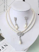 Hochzeits-Perlen-Halsketten-Satz-Weinlese-Elfenbein-doppelte Strang-Braut-hängende Halsketten-und Tropfen-Ohrring-Schmucksache-Satz
