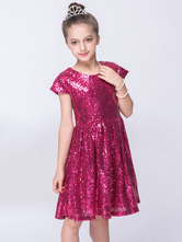 Sequin Pageant Dresses Kids Light Gold A Line Knee Length Short Sleeve ...