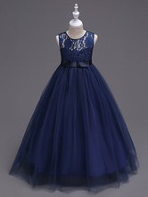 Платья из цветной девушки Принцесса Темно-синие платья с атласной платьем без рукавов