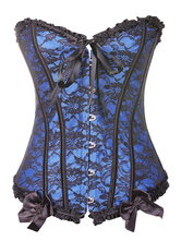 Blue Corsets Set Lace Trim Strapless Sleeveless Lace Up Jacquard Bows Sexy Waist Trainer With T Back For Women