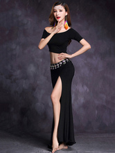 ベリーダンスコスチューム 2024　社交ダンス衣装　ブラック　半袖　クロップトップと非対称ロングスカート　スプリット　ラインストーン　女性用ダンス衣装