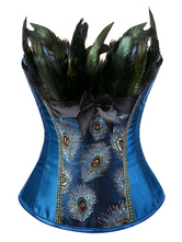 Sexy bustier féminin bleu en coton mélangé à motif paon avec plume lacets de dentelle