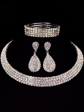  Strass Schmuck Set für Braut in Silbern Drops Design mit Armreif und Ohrringen und Halskette