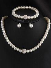 Vintage Necklace Set Wedding Pearls Stud Earrings Rhinestones Beaded Bridal Jewelry Set