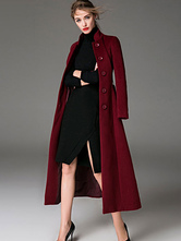 Women Long Coat Burgundy Sash Winter Outerwear