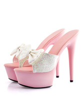 Pole Dance Shoes Sexy High Heels Women's White Open Toe Sequins Stiletto Bows Summer Mules Stripper Shoes