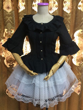 Gothic Lolita Blouses Round Neck Bell Sleeve Ruffles Chiffon Black Lolita Top