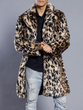 Faux Fur Coat Men Leopard Turndown Collar Long Coat Regular Fit Winter Overcoat