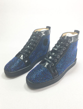 Men's Blue Leather High Top Prom Party Sneakers Shoes with Rhinestones