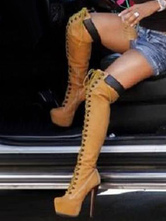 Platform Thigh High Boots Womens Nubuck Lace Up Almond Toe Stiletto Heel Over The Knee Boots
