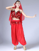 Belly Dance Costume Chiffon Red Women's Pants With Top And Headband