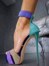 Women's Sexy Sandals Open Toe Stiletto Heel Color Block Teal Sandal Shoes