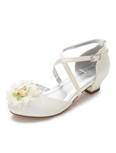 Ivory Flower Girls Shoes Round Toe Chunky Heel Flowers Pumps