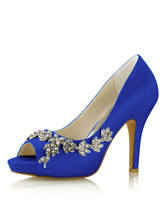 Zapatos de novia de seda sintética 10cm Zapatos de Fiesta Zapatos Azul francia de tacón de stiletto Zapatos de boda de punter Peep Toe con pedrería