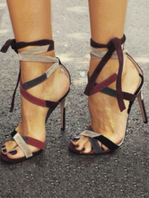 Sandálias de salto alto Sapatos femininos elegantes Sandália com laços abertos