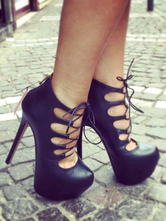 Schwarze High Heels Frauen Sexy Schuhe Mandel Ausgeschnitten Schnürschuhe