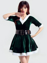 Christmas Sexy Costume Green Velour Mini Dress With Sash For Women Christmas Gift