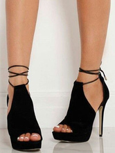 Black Suede Peep Toe Platform Lace Up Stiletto Heel Summer Boots