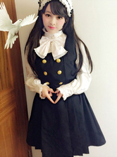 Classic Lolita Outfits Black Jumper Skirt With Long Sleeve Stand Collar Bows Ruffles Blouse