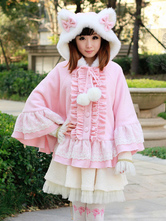 Sweet Lolita Poncho Coat Pink Hooded Cat Ear Ruffles Inverno Wool Coat