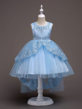 フラワーガールドレス　2024　ベビーブルー　レース　チュール　プリンセスチュチュドレス　刺繍　キッズボールガウンページェントドレス